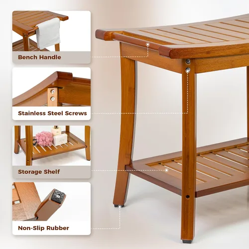 Vista 5 de Utoplike Banco de ducha de bambú con almacenamiento, taburete de ducha de madera con asas, asiento de baño para toallas, spa, ducha