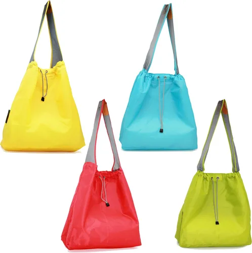 Vista 11 de Paquete de 4 bolsas de compras plegables de nailon Ripstop reutilizables con bolsa y bolsillo interior, cordón Negro-negro-negro-negro