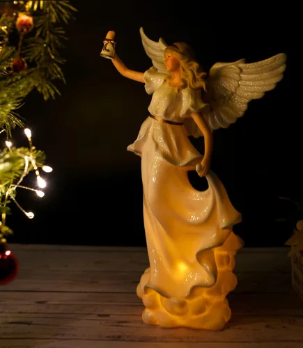 Vista 7 de Art Lins Escultura de ángel rezando con luz LED – Figura de ángel guardián de porcelana fina de 12.9 pulgadas que sostiene una campana, decoración
