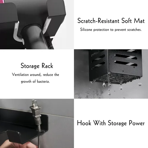 Vista 3 de LUEXBOX Soporte para secador de pelo montado en la pared, organizador de herramientas para baño, soporte para rizador, estante para secadora