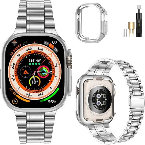 Vista 16 de MioHHR - Correas sólidas de acero inoxidable compatibles con Apple Watch de 38 mm, 40 mm, 41 mm, correa de metal con estuche suave de TPU para Negro