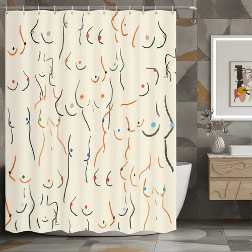 Vista 7 de JAWO Divertida cortina de ducha para baño, diseño de pechos divertidos, cuerpo femenino, divertido juego de cortinas de ducha de tela artística
