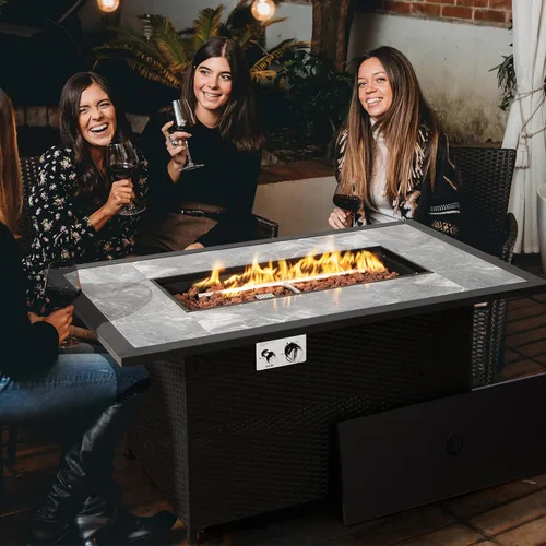 Vista 3 de COSTWAY Mesa de fuego de propano para patio de 52 pulgadas, mesa de fuego para exteriores de 50,000 BTU, encendido por pulso, mesa de mármol y ratán