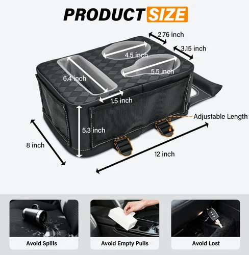 Vista 6 de Portavasos de Consola Central, Caja de Almacenamiento Universal para Reposabrazos de Automóvil con Portabotellas y Ranura para Pañuelos y Bolsillos