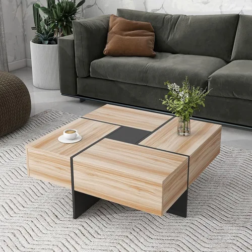 Vista 3 de DHAEY Mesa de centro cuadrada con 4 compartimentos de almacenamiento ocultos, mesa central con mesa deslizante extensible, mesa de cóctel, mesa