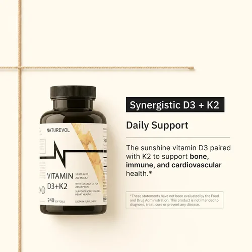 Vista 3 de Vitamina D3 10,000 UI + K2 200mcg, con aceite de coco, 240 cápsulas blandas Extra Strength Vitamin D & K Complex • High Absorption Formula • One