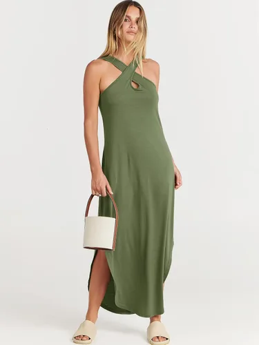 Vista 3 de ANRABESS Vestido largo casual de verano para mujer, con tirantes cruzados, sexy, abertura lateral, sin mangas, suelto, para playa, con bolsillos