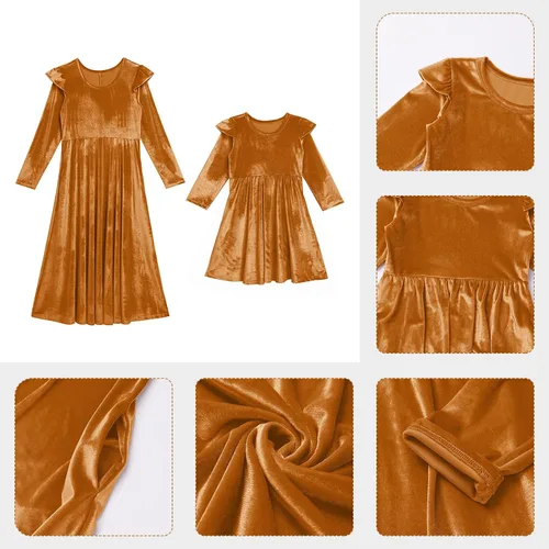 Vista 5 de Mommy and Me Vestido de Volantes de Manga Larga Casual Fiesta de Navidad Vestido de Terciopelo Madre Hija de la Familia a juego Vestido de Ropa