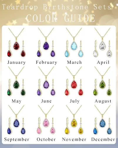 Vista 6 de Sumonyo Juego de joyas para mujer, collar con colgante de lágrima chapado en plataoro, aretes colgantes, juegos de piedras natales, diamantes