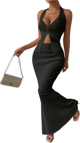 Vista 34 de SOLY HUX - Conjunto de dos piezas de verano para mujer, con parte superior tipo camisola con cuello halter, nudo frontal y falda marrón (Plain Brown)