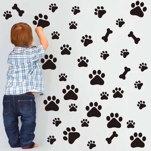 Vista 3 de Epakh 144 calcomanías con estampado de pata de perro y hueso, calcomanías de pared extraíbles de pata de cachorro, decoración de huellas