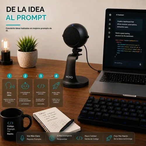 Vista 4 de Micrófono USB Movo WebMic para codificación IA, indicaciones de voz y dictados Negro