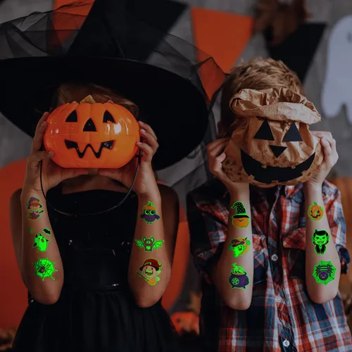 Vista 7 de JCFIRE Tatuajes de Halloween para niños, recuerdos de fiesta de Halloween, tatuajes temporales que brillan en la oscuridad, decoraciones de fiesta