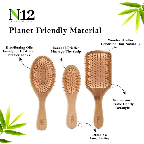 Vista 3 de N12 - Juego de 3 cepillos de madera de bambú para mujeres, hombres y niños, peine antiestático para masaje del cuero cabelludo, desenredante