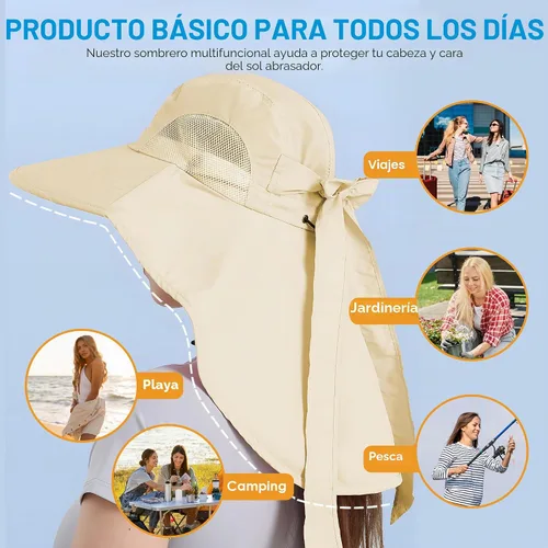 Vista 4 de Sombrero de mujer con protección UV, plegable, impermeable, de ala ancha, tipo cubo, con solapa para el cuello para verano, playa, pesca, senderismo