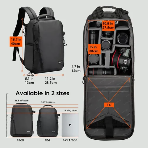 Vista 9 de TARION Mochila para cámara Slim Photography - Bolsa compacta para cámara réflex digital de 12.5 L con acceso lateral compartimento para laptop de 14