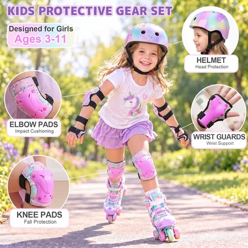 Vista 2 de Casco para niños, casco de bicicleta para niños pequeños con pegatinas DIY Unicornio, rodilleras y coderas ajustables, juego de protección para Rosa