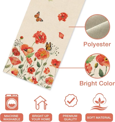 Vista 2 de Seliem Camino de mesa de flores de amapola roja primaveral, acuarela patriótica floral mariposa para el hogar, cocina, decoración botánica, día
