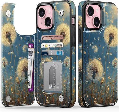 Vista 122 de FUNMIKO Funda tipo cartera para iPhone 15 con tarjetero + clip para efectivo, bloqueo RFID, protección contra caídas de grado militar y obras