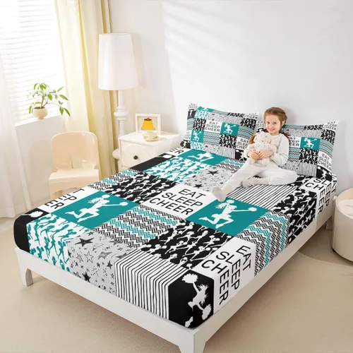 Vista 26 de Sábana bajera ajustable de ballet para niñas, juego de ropa de cama de ballet para danza de ballet, sábanas de cama con rayas geométricas onduladas
