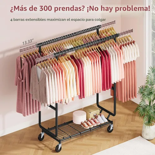 Vista 2 de Hoctieon Perchero de doble varilla de montaje en 2 minutos, estante resistente para ropa con ruedas, plegable para uso comercial, barra extensible