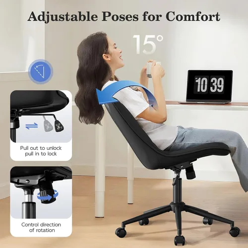 Vista 4 de Silla de oficina sin brazos, silla de escritorio sin brazos, silla giratoria ajustable con ruedas, tapizada de piel sintética, compacta
