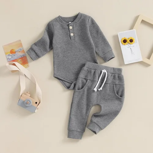 Vista 6 de Muasaaluxi Ropa para bebé recién nacido, manga larga, diseño de gofre, pantalones deportivos, trajes de otoño de 3, 6, 9, 12 meses