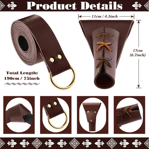 Vista 3 de Cinturón de cuero medieval para espada, daga de rana, cinturón renacentista para caballero, guerrero, pirata, cosplay