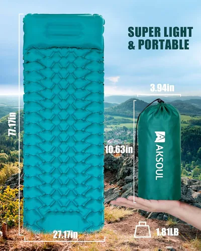 Vista 6 de AKSOUL Colchoneta de dormir para acampar con almohada: extra gruesa de 3.9 pulgadas, ultraligera autoinflable, colchón inflable compacto y ligero