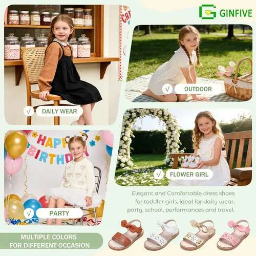 Vista 8 de GINFIVE Sandalias planas para niñas pequeñas, zapatos de vestir con punta Gf361-marrón