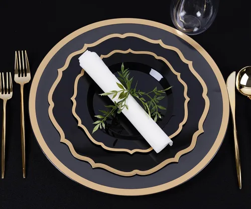 Vista 2 de PLASTICPRO Juego de 32 elegantes platos desechables de plástico que incluye 16 platos llanos y 16 platos de ensalada, platos de fiesta resistentes