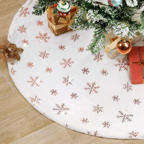 Vista 19 de Falda de árbol pequeña de 24 pulgadas, falda de árbol de piel sintética blanca de Navidad de 4 pies, mini copos de nieve de lentejuelas doradas