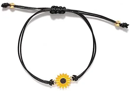 Vista 4 de Pulseras de girasol de moda para hombres y mujeres, hechas a mano, trenzadas con cuerda negra, dije de amistad, tarjeta de deseos, surf, joyería