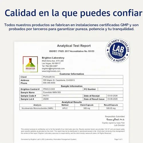 Vista 6 de ProHealth Essentials NMN 500, precursor NAD+ (500 mg, 30 cápsulas)