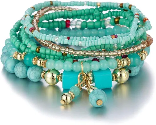 Vista 3 de Caiyao Juego de pulseras de cuentas apilables de estilo bohemio, juego de pulseras elásticas multicapa, juego de joyas multicolor, pulseras con dije