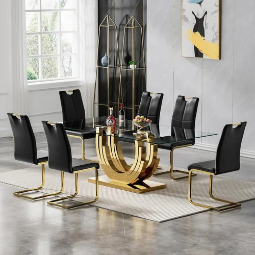 Vista 55 de Juego de mesa de comedor de vidrio de 70 pulgadas para 4, mesa rectangular de cristal dorado con 4 sillas de piel sintética, juego de mesa de Mesa