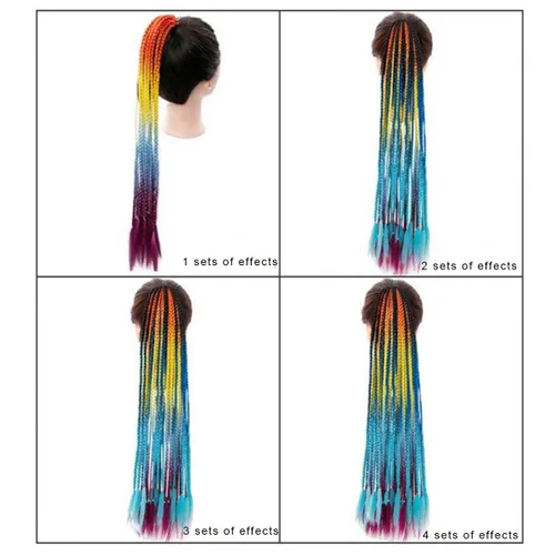 Vista 6 de Extensiones de cabello con trenzas de colores con bandas de goma, extensiones sintéticas trenzadas arco iris, accesorios para el cabello de cola