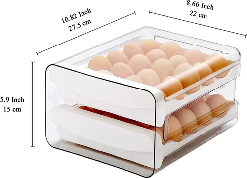 Vista 2 de HOMQUEN Soporte para huevos, plástico transparente, bandeja para huevos de 2 capas/40 rejillas y caja de almacenamiento fresca para refrigerador