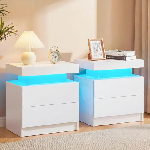 Vista 20 de Generic Juego de 2 Mesitas de noche con 2 cajones, mesa de noche con cajones para muebles de dormitorio, mesa auxiliar con luz LED, color negro