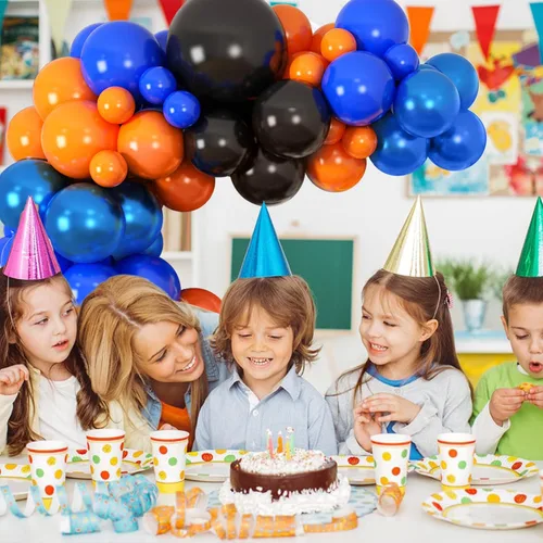 Vista 7 de HILAVO Kit de arco de guirnalda de globos naranja azul negro 112 piezas Globos de látex de helio azul marino real negro naranja para graduación Azul