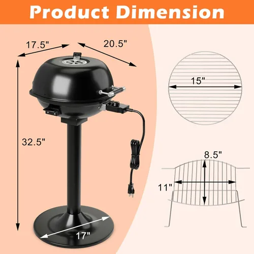 Vista 6 de ORALNER Parrilla eléctrica para barbacoa con soporte, rejilla de calentamiento y bandeja de goteo, parrilla eléctrica de 15 porciones