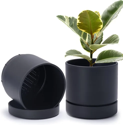 Vista 41 de Phoenix Vine 4 Inch Planter Pot with Drainage Hole & Saucer, Deep Water Catch Tray, Straight Cylindrical Round Pot for Plants, Olive, Pack of 1