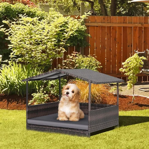 Vista 8 de Giantex Casa de mimbre para perro, cama elevada de ratán para perros con techo impermeable, funda de cojín lavable, marco de acero, cama elevada