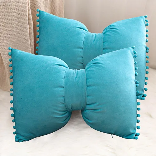 Vista 7 de 14x20 Fundas de almohada decorativas con pompones y lazos de terciopelo para habitación, cama, sofá, sofá cama, azul x2