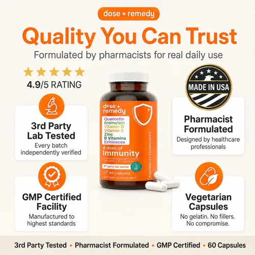 Vista 4 de Una dosis de quercetina de inmunidad con vitamina C y zinc, vitamina D, 500 mg de quercetina bromelina con equinácea y vitaminas B, suplemento