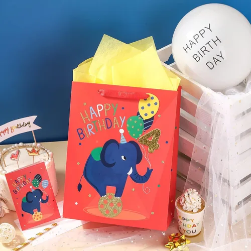Vista 2 de Loveinside Bolsa de regalo de elefante de 4º cumpleaños con papel de seda, etiqueta de regalo y tarjeta de felicitación para niños, fiestas y más