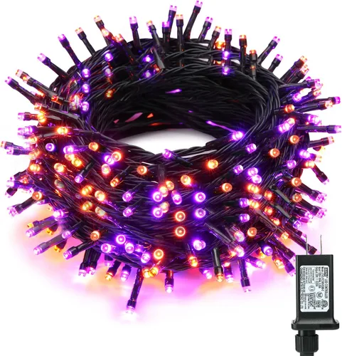 Vista 7 de ODEETRONIC Luces de Halloween moradas, 98.4 pies, 300 luces LED moradas, 8 modos de cadena de luces de Halloween conectables, luz de hadas