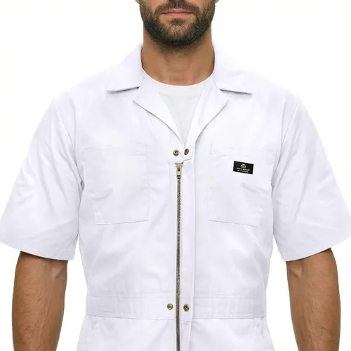 Vista 5 de Natural Uniforms - Overol con cremallera de manga corta para hombre, resistente a las manchas y a las arrugas (Blanco, Talla S)