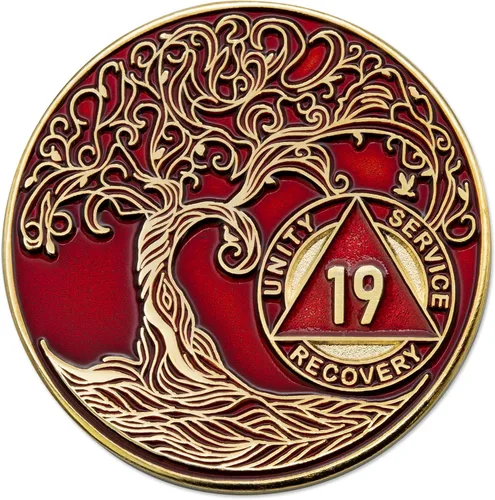 Vista 272 de 1 año Sobriety Mint Twisted Tree of Life Medallón de recuperación AA chapado en oro, chip/ficha - negro