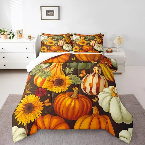 Vista 34 de Erosebridal Juego de edredón individual de pavo de Acción de Gracias, juego de ropa de cama de calabaza con hojas de otoño para niños y adultos